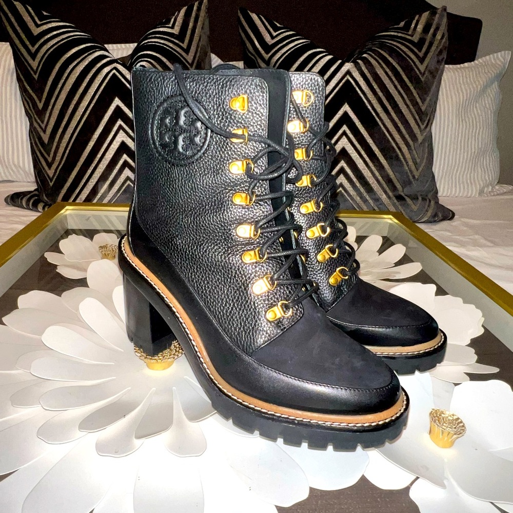 TORY BURCH: Miller mixed-materials lugs sole boot - Size 9